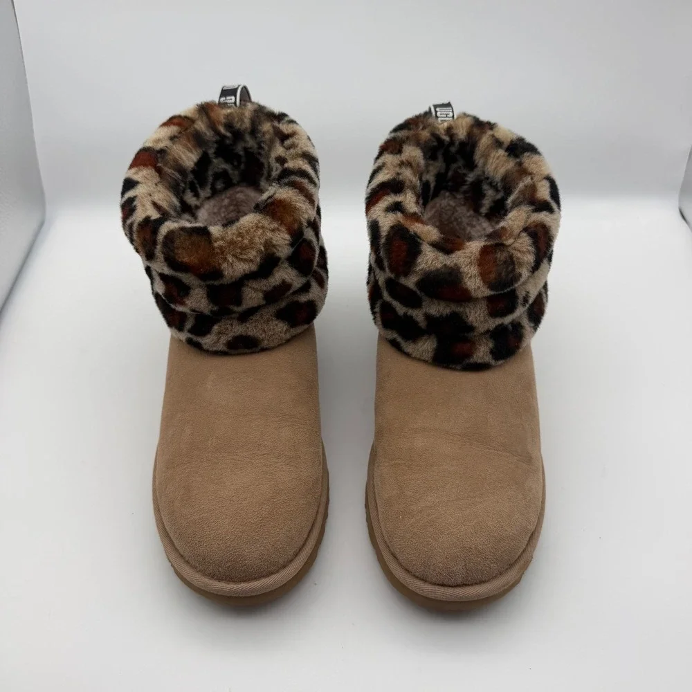 UGG Fluff Mini Quilted Leopard Boots Size 8 Classic Chestnut Tan Sheepskin Comfy